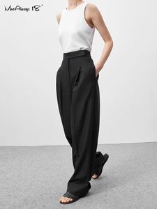 MNEALWAYS18 SPRING SOMMER Black Ladies Office Byxor Kvinnor Hög midjbyxor Fickor Kvinnliga veckade breda ben Pants Solid 240309