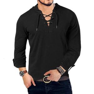 Модная мужская футболка с капюшоном и длинным рукавом, хлопковая футболка Henley, средневековая футболка на шнуровке с v-образным вырезом, уличные топы, свободные повседневные топы 240308