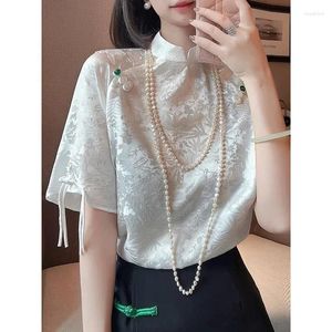 Ethnische Kleidung Chinesischer Stil Vintage Chic Bluse Frauen Elegante Kurzarm Weißes Satinhemd Sommer Lace Up Print Seidenhemden Tops 12964