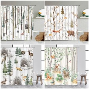 Set Forest Animals Shower Curtains Farm Bird Reindeer Fox Squirrel Elk Bear Wildlife Plants Painting Home Decor Bathroom Curtain Set