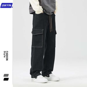 Style Jeans American 2024 Nya lösa och mångsidiga raka ben dragskor med bantning av män arbetskläder långa byxor stil