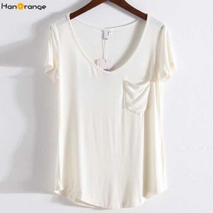 Kvinnors t-shirt Hanorange Modal Pocket Summer Short Sle Loose Women V-Neck Pure Color Soft T-shirt Svart/Gray/White/Beige D240507