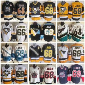 Personalizado Mens Mulheres Juventude Pittsburgh''Penguins''Retro Hockey 68 Jaromir Jagr Jersey Vintage Clássico CCM Preto Branco Azul Amarelo Equipe Cor Bordado para Spor 8241