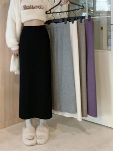 TingYiLi Autumn Winter Knitted Skirts Women Beige Grey Black Purple Long Skirt Korean Style Elegant Ladies Straight Tight Skirts 240306