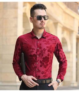 Camisas casuais masculinas homem oco flores veludo sexy primavera homens manga longa floral festa clube vestido camisa