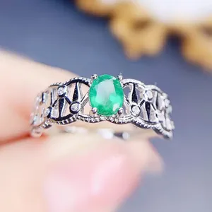Anéis de Cluster Natural Real Oval Verde Esmeralda Anel 4 5mm 0.45ct Gemstone 925 Sterling Silver Fine Jewelry J238111