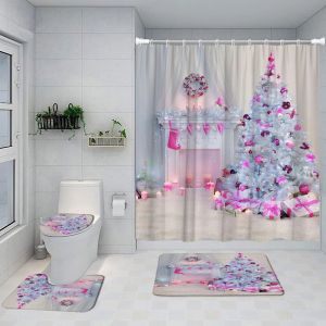 Perdeler Noel Duş Perdesi Seti Şömine Ağacı Pembe Mum Hediyesi Yeni Yıl Banyo Dekor Dekor Söylemsiz Halı Banyo Mat Tuvalet Kapak Kapağı