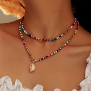 Богемное милое красочное ожерелье из рисовых бусин, двухслойное ожерелье с подвеской в форме ракушки для женщин, модные украшения