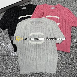 Camiseta de malha com gola redonda, manga curta, alfabeto, jacquard, elegante, casual, feminina, verão, tricô