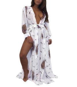 2018 Summer Sexy Women Szyfonowe Kimono Bikini Cover Up Leopard Contrast Kolor Split Cardigan Beach Maxi Bluzki