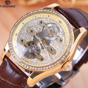 ForSining Fashion Diamond Tourbillion Display Brown äkta lädervatten motstår män titta på topp automatiska armbandsur334v