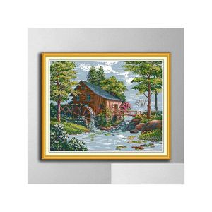 Craft Tools Water Mill 1 Diy Cross Stitch Embroidery Needlework Sets Counted Print On Canvas Dmc 14Ct 11Ct Cloth Long-Staple Cotton Mo Ot6L2