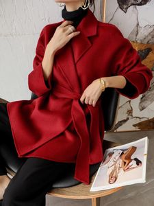 Casual Dresses Water Ripple Double-sided Cashmere Coat For Women In Autumn And Winter 2024 High-end Red Small Bathrobe Short Woolen