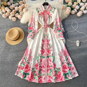 Vestidos casuais boho longo puff manga botão vestido francês chique floral impressão camisa uma linha feminina praia vintage vestidos gota