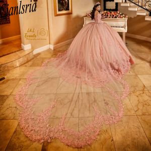 Rosa långärmad bollklänning quinceanera klänningar från axelapplikationerna spetskorsett söta 16 vestido de 15 anos