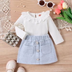 0-24m bebê meninas roupas de inverno outfits gola de renda branco bodysuit e azul tweed saias duas peças outfit nascido conjuntos para meninas 240301