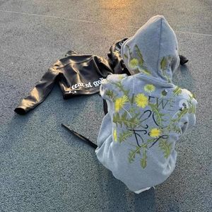 Harajuku street dandelion embroidered flower hoodie 2024 American men and women winter plus velvet loose casual y2k clothes 240307