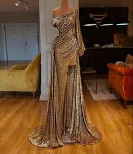 Sexy vestido de noite robe de soiree abiye vestido de noite lantejoulas vestido de festa ouro rosa um ombro vestidos de baile longo7315724