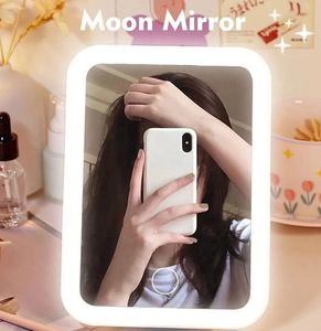 LED Makeup Mirror with LED Light Touch Screen Portable Standing Folding Vanity Adjustable White Pink Household Dormitory