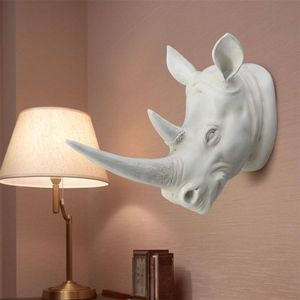 Kiwarm resina exótica cabeça de rinoceronte ornamento estátuas de animais brancos artesanato para casa el parede pendurado arte decoração presente t2003313279