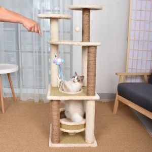 スクラッチャーマルチレベルの猫ツリータワーハウス、子猫の家具コンドミニアム、スクラッチポスト、バスケット、屋内猫用のハンギングおもちゃ、5レイヤー