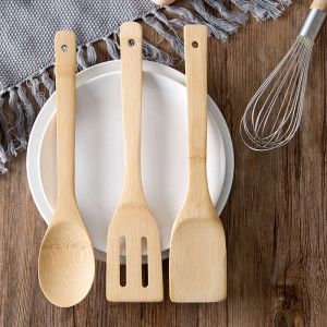 Strumenti a manico a manico di bambù spatola cucina frila spatola ad alta temperatura cucchiaio di perdita di bambù non stick pentola set di spatola