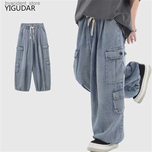 Męskie dżinsy workowate dżinsy spodnie męskie spodnie dżinsowe czarne szerokie nogi spodnie męskie dżinsy męskie ładunek koreański streetwear hip hop harajuku l240313