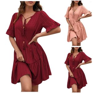 Festklänningar Kvinnors 5-delad ärmmode Fashion Solid Color V-Neck Dress Summer Causal Loose Straight Mini Daily Beach Vacation Semester