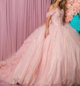 2021 Plus Size Blush Pink Ball Gown Quinceanera Dresses Beaded Off Shoulder Tulle Sequined Sweet 15 16 Dress XV Party Wear3828376