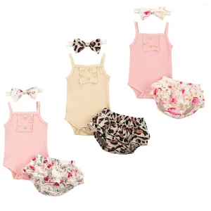 Kläder sätter fokusnorm spädbarn baby flickor kläder 3 st ruffles solid stropplösa romper toppar blommor/leopard shorts pannband