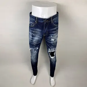 Herr jeans mode vintage män hög kvalitet retro blå stretch smal fit rippad läder lapped designer hip hop varumärke byxor