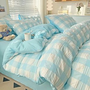 Versão coreana nu dormir água lavada espuma de algodão conjunto de cama de quatro folhas capa de edredão fronha 3 pçs 240306
