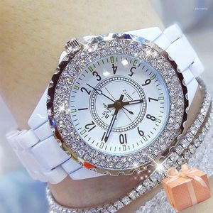 Relógios de pulso BS Elegante Cerâmica Relógio para Mulheres Frete Grátis Marcas de Luxo Strass Senhoras À Prova D 'Água Montre Femme 2024