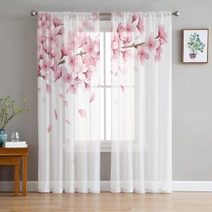 Vorhänge, rosa Blume, Kirschblüten, weiße Tüllvorhänge für Wohnzimmer, Schlafzimmer, Dekoration, Chiffon, durchsichtiger Voile, Küchenfenstervorhang