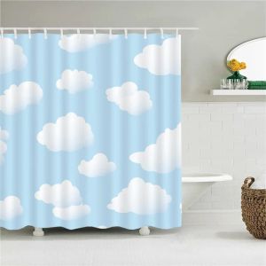 Gardiner blå himmel vit moln dusch gardin naturligt landskap landskap badrum gardin hållbar tyg maskin tvättbar med 12 krokar