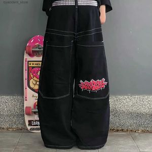 Mäns jeans hiphop retro grafisk broderad baggy jeans streetwear y2k jeans män kvinnor gotiska hög midja bred byxa harajuku svarta byxor l240313