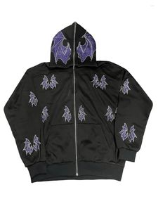 Damen-Kapuzenpullover, Damen-Hoodie mit Fledermaus-Strassmuster, Y2k-Gothic-Kleidung, lange Ärmel, Reißverschluss, übergroßer Sweatshirt-Mantel mit Vorderseite