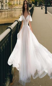 Sıradan elbiseler bohem spagetti kayışı düğün dantel elbise tasarımı kısa fırfırlar kapalı omuz nişan gelin bir çizgi seethrough 5887474