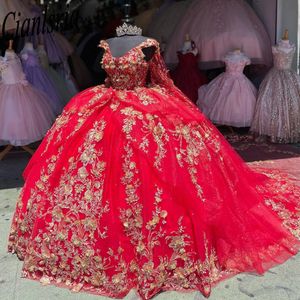 Röd prinsessor bollklänning quinceanera klänningar från axelblommor applikationer med kappor kristaller pärlor söta 16 klänning vestidos