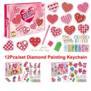 Stitch 12st DIY Valentine's Diamond Målning Keychain Love Heart Cartoon Diamond Embroidery Mosaic Keyring Woman Bag Pendant Decorgift