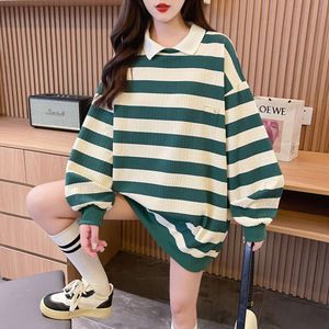 2024 Spring And Autumn Season New Korean Classic Striped Women's Loose Long Sleeved Fashion Sweetheart With Reduced Age Pack Neck Polo Shirt Style Style