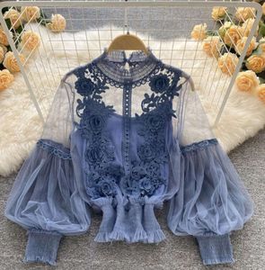 Kobiety damskie Bluzki Kobiety Kobiety Spring Autumn Long Rleeve Top Perspective Vintage Dress White/Blue/Black/Purple Lantern Lace Court Styl7