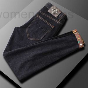 Jeans masculinos designer azul profundo jeans para outono nova moda high-end mid rise elástico magro ajuste calças casuais v5re