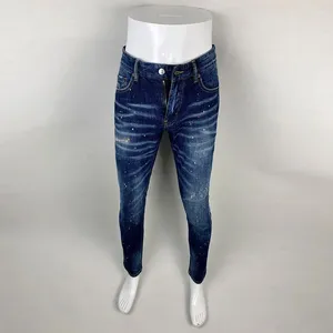 Erkekler kot caddesi moda erkekler retro mavi streç sıska uyumlu yırtık ripped nakış tasarımcısı hip hop marka pantolon hombre