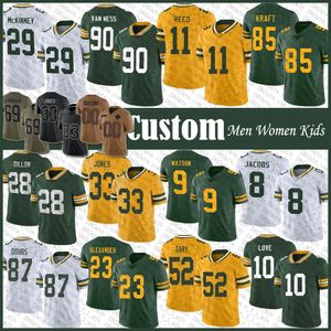 Personalizzato 10 Love 8 Josh Jacobs 29 Xavier McKinney Maglia da calcio 9 Christian Watson 52 Rashan Gary Romeo Doubs Jayden Reed AJ Dillon Tucker Kraft Brett Favre Bart Starr