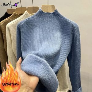 2023 halb Hohen Kragen Plus Samt Warme Pullover Pullover Frauen Einfarbig Allmatch Weiche Gestrickte Koreanische Beiläufige Dünne Tops 240304