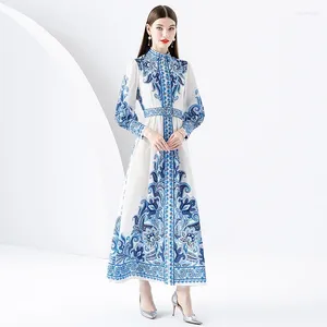 Casual Dresses 2024 Fashion Elegant Party Women's Holiday Style Stand Collar Lantern Sleeve Wavy Edge Long Printed Dress