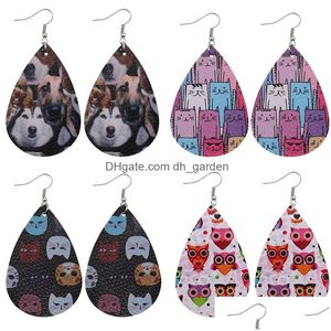 Lampadario pendente Design Orecchino in pelle stampata animale per le donne Ragazze Boho Cat Dog Orecchini pendenti Ovale Waterdrop Ear Creative Party D Dhbdz