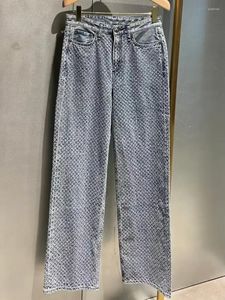 Women's Jeans 2024 Spring Plaid High Waist Loose Vintage Straight Denim Wide Leg Long Pants