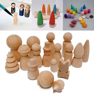 Bloco 10pcs Beech Wooden Peg Dolls Baby Toys Figuras não pintadas bonecas de madeira dura